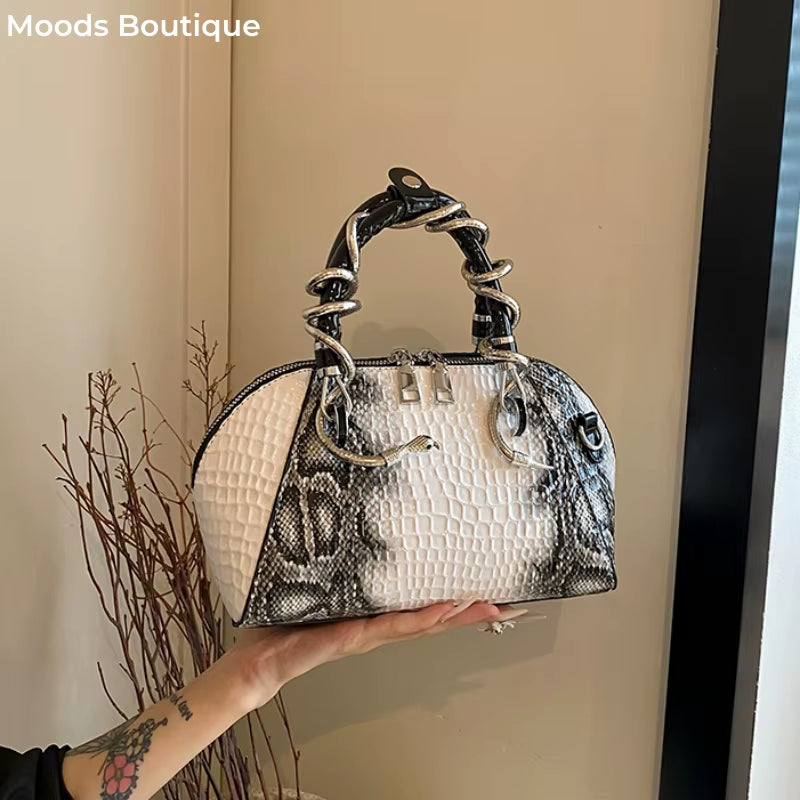 MOODS Designer Luxury Bags for Women Crocodile Pattern Top-Handle Shell Bag with Snake Hardware Wild Shoulder Crossbody Handbags