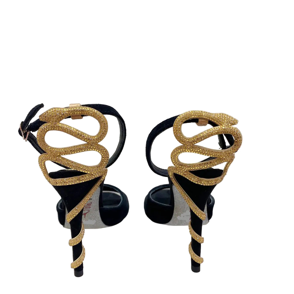 Rene Caovilla Margot Embellished Suede Sandals Snake Strass Stiletto Heel Evening Shoes for Women Heeled Luxury Designer Ankle Wraparound Shoe Factory Footwear