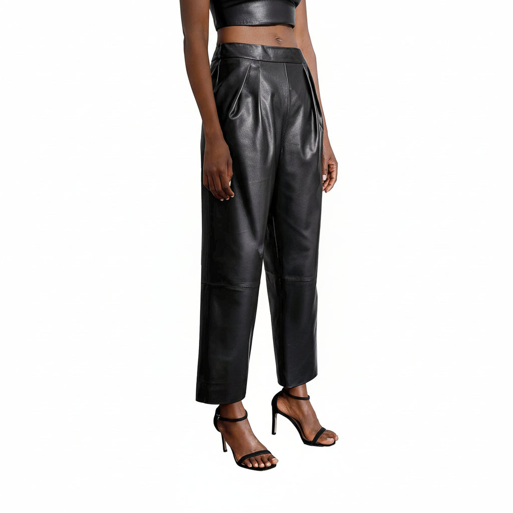Women'S Genuine Leather Pants High Waist Casual Straight Leg Pants Black Smartuniversewear