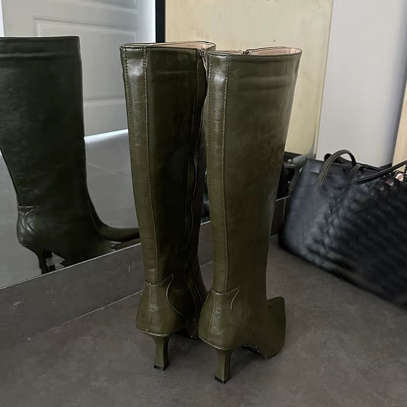 Sexy Pointy Toe Knee High Boots Women High Quality Leather High Heel Winter Boots for Women Side Zipper Designer Luxury Shoes
