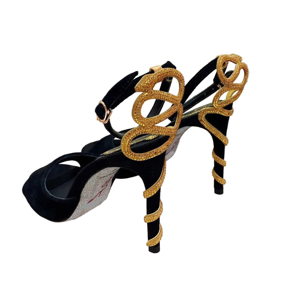 Rene Caovilla Margot Embellished Suede Sandals Snake Strass Stiletto Heel Evening Shoes for Women Heeled Luxury Designer Ankle Wraparound Shoe Factory Footwear