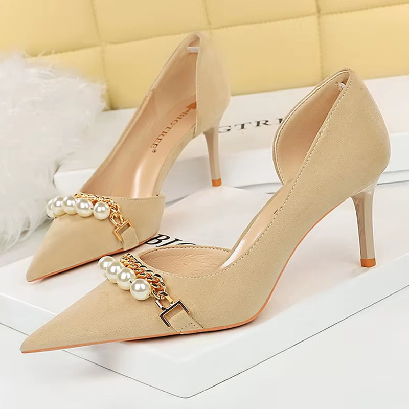 Shoes 2026 Spring Women Pumps Pearl Metal Chain High-Heels Checked Grain Stilettos Women Heels Luxury Banquet Shoes 43