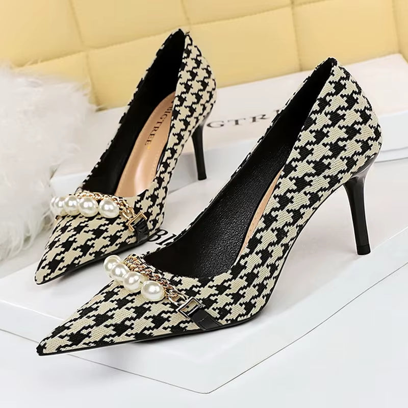 Shoes 2026 Spring Women Pumps Pearl Metal Chain High-Heels Checked Grain Stilettos Women Heels Luxury Banquet Shoes 43