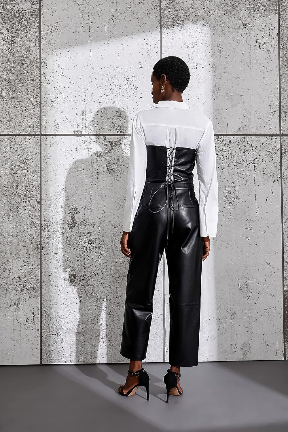 Women'S Genuine Leather Pants High Waist Casual Straight Leg Pants Black Smartuniversewear