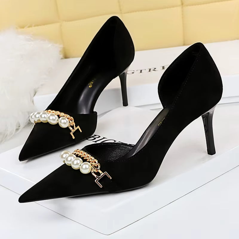 Shoes 2026 Spring Women Pumps Pearl Metal Chain High-Heels Checked Grain Stilettos Women Heels Luxury Banquet Shoes 43