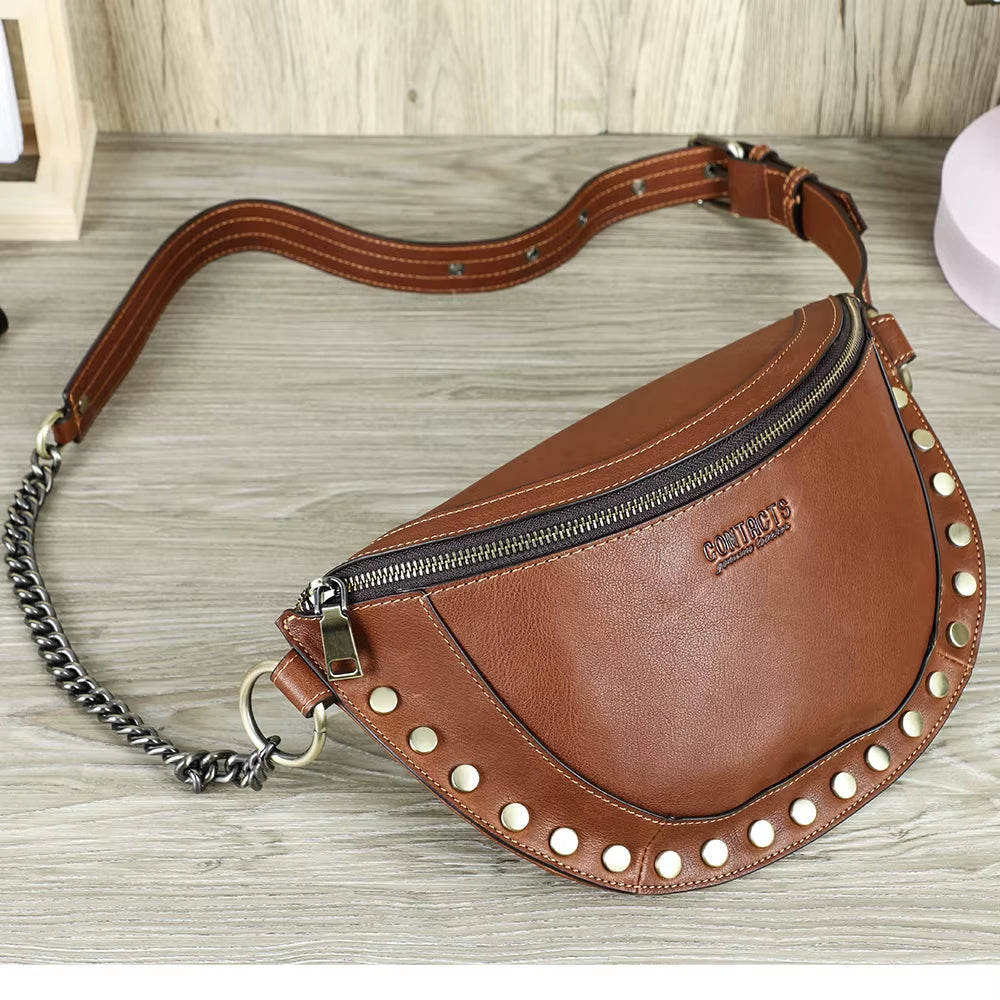Contact'S Wholesale Fashion Womens Leather Chest Waist Bag Crossbody Fanny Pack for Women Ladies Stud Genuine Leather Belt Bag