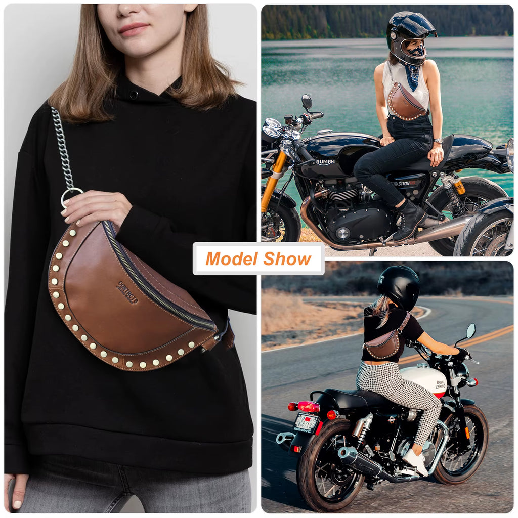 Contact'S Wholesale Fashion Womens Leather Chest Waist Bag Crossbody Fanny Pack for Women Ladies Stud Genuine Leather Belt Bag