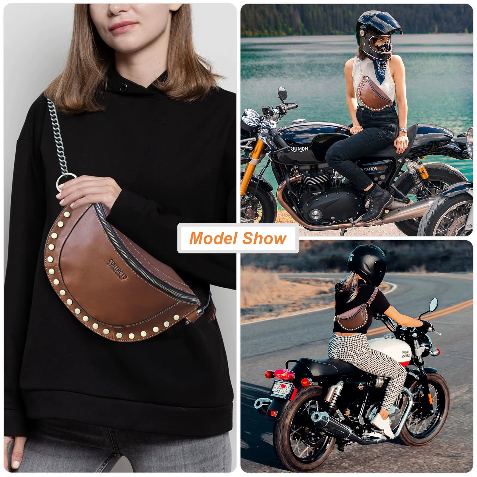 Contact'S Wholesale Fashion Womens Leather Chest Waist Bag Crossbody Fanny Pack for Women Ladies Stud Genuine Leather Belt Bag