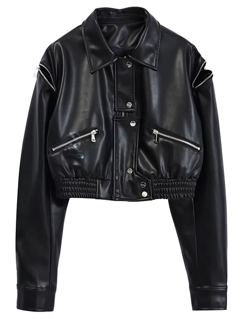 Spring Short Black Blue Faux Leather Jackets for Women Long Sleeve Zipper Runway Fashion Designer Luxury Clothes 2022