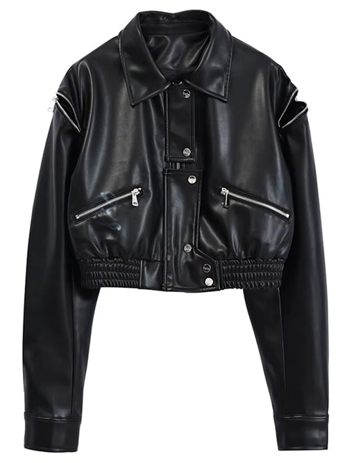 Spring Short Black Blue Faux Leather Jackets for Women Long Sleeve Zipper Runway Fashion Designer Luxury Clothes 2022