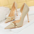 Shoes 2026 Spring Women Pumps Pearl Metal Chain High-Heels Checked Grain Stilettos Women Heels Luxury Banquet Shoes 43