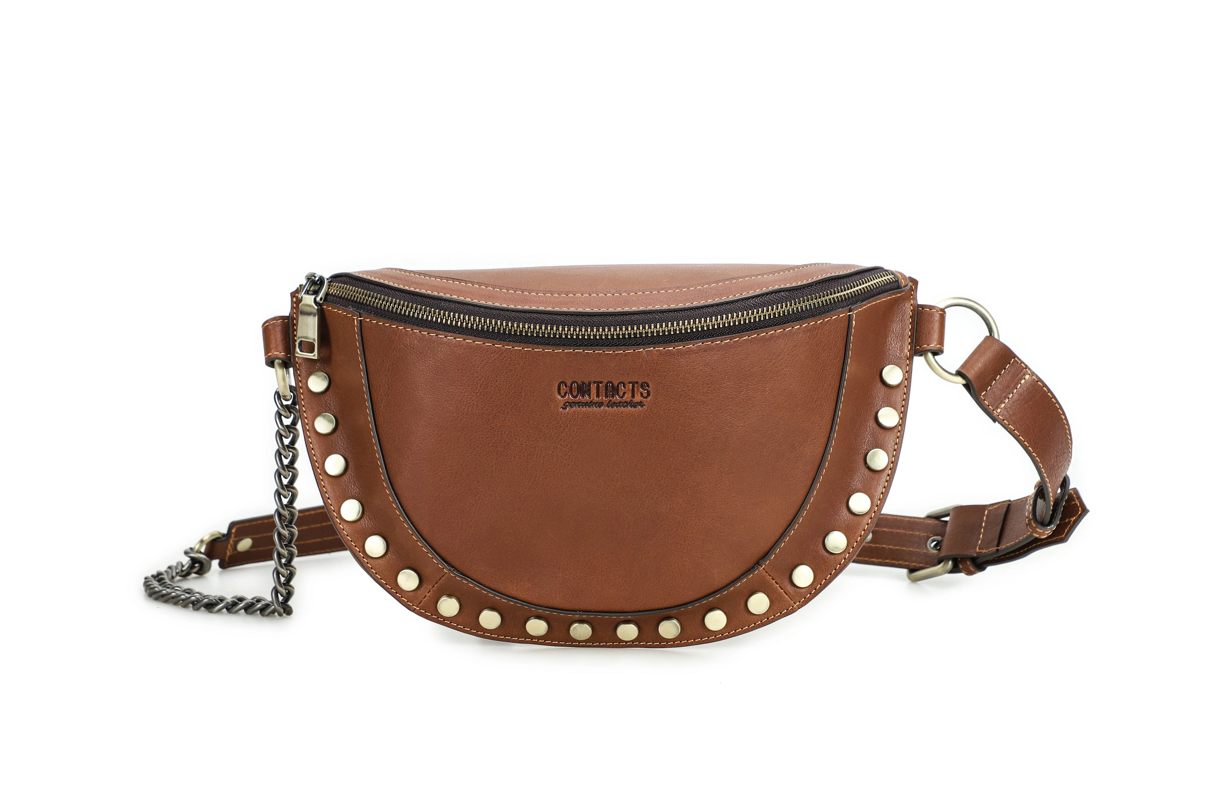Contact'S Wholesale Fashion Womens Leather Chest Waist Bag Crossbody Fanny Pack for Women Ladies Stud Genuine Leather Belt Bag