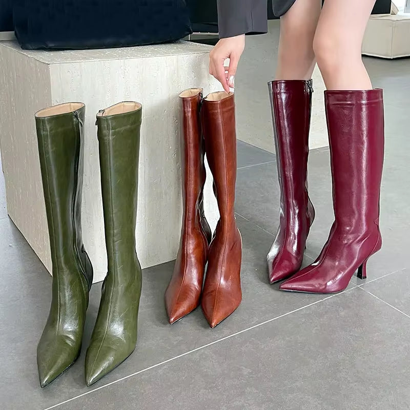 Sexy Pointy Toe Knee High Boots Women High Quality Leather High Heel Winter Boots for Women Side Zipper Designer Luxury Shoes