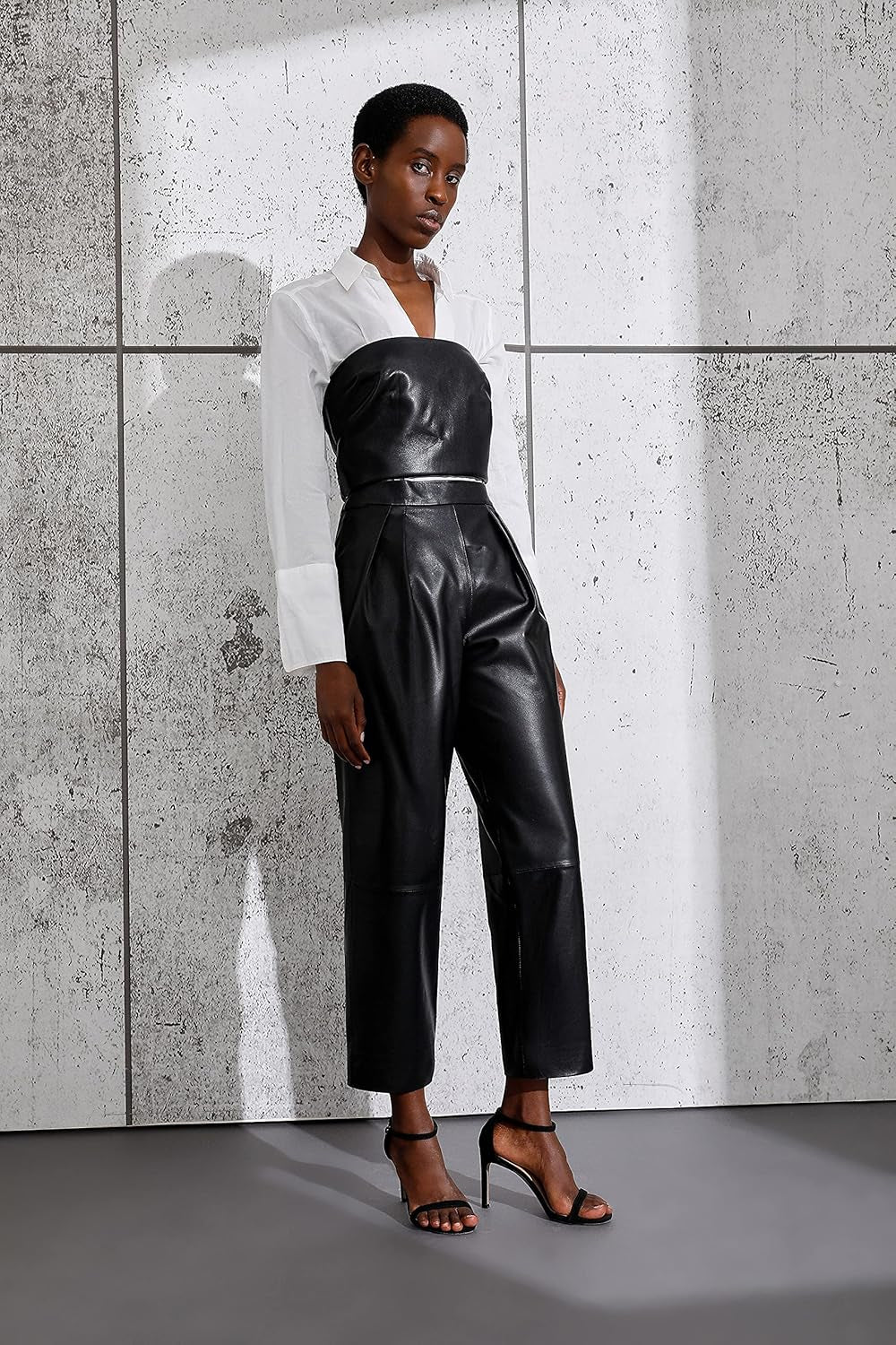 Women'S Genuine Leather Pants High Waist Casual Straight Leg Pants Black Smartuniversewear