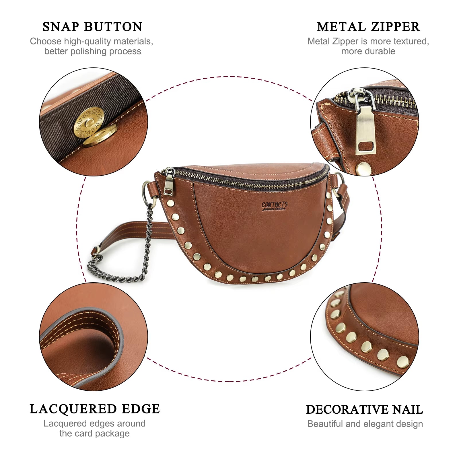 Contact'S Wholesale Fashion Womens Leather Chest Waist Bag Crossbody Fanny Pack for Women Ladies Stud Genuine Leather Belt Bag