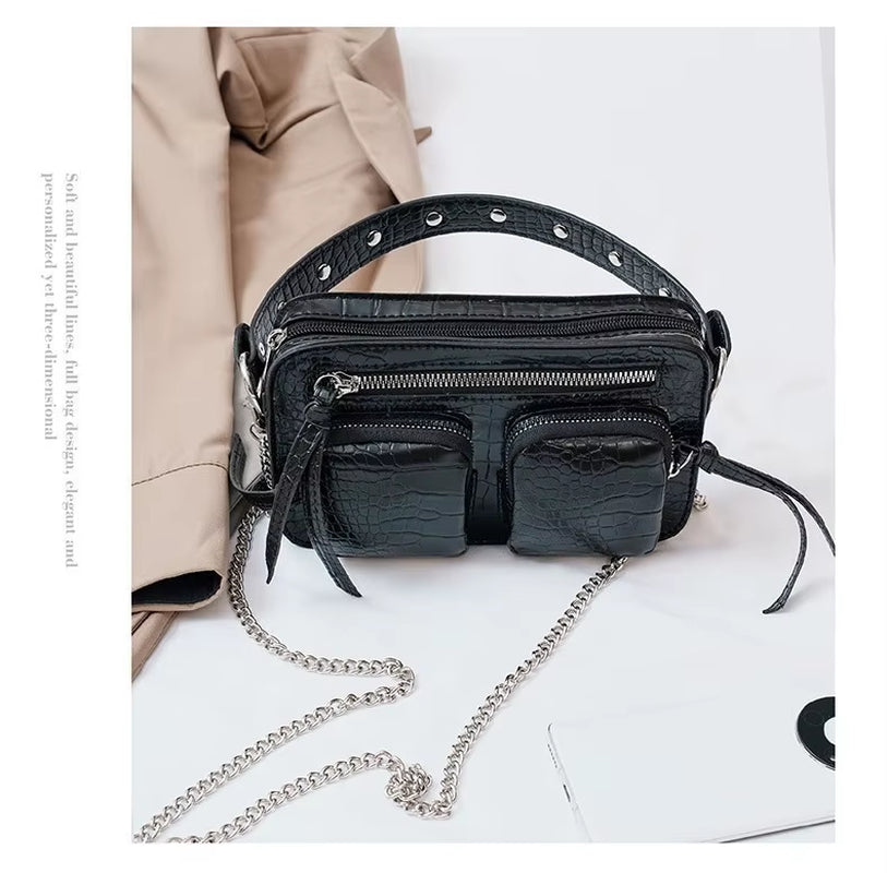 Fashion Stylish Black Crossbody PU Leather Purse Mini Luxury Bags Designer Clutches for Women Vintage Chain Pockets Purse