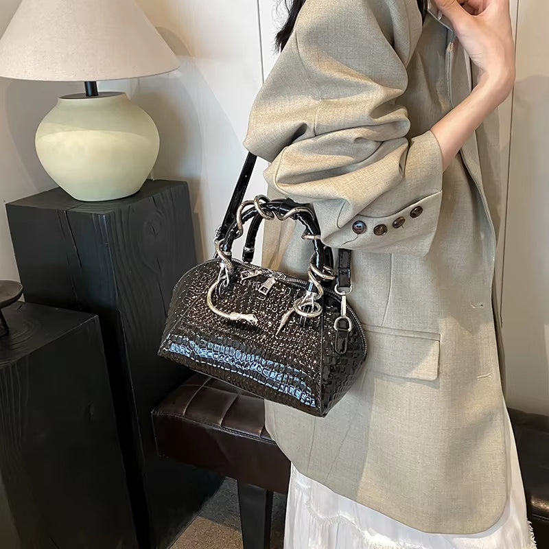 MOODS Designer Luxury Bags for Women Crocodile Pattern Top-Handle Shell Bag with Snake Hardware Wild Shoulder Crossbody Handbags
