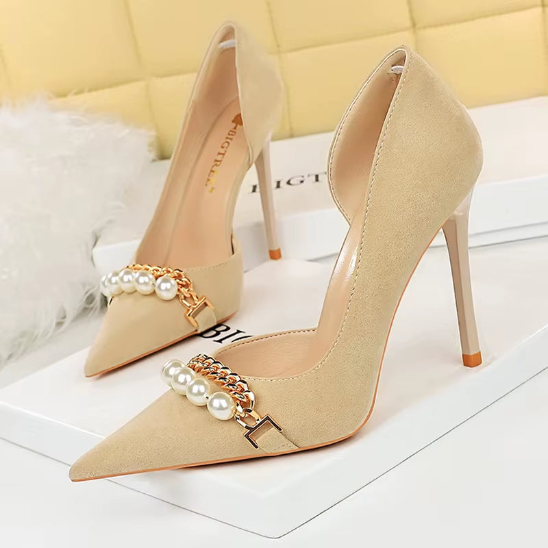 Shoes 2026 Spring Women Pumps Pearl Metal Chain High-Heels Checked Grain Stilettos Women Heels Luxury Banquet Shoes 43