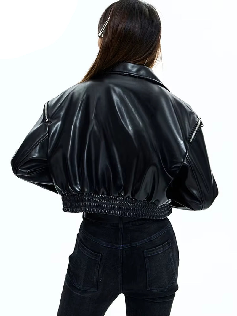 Spring Short Black Blue Faux Leather Jackets for Women Long Sleeve Zipper Runway Fashion Designer Luxury Clothes 2022
