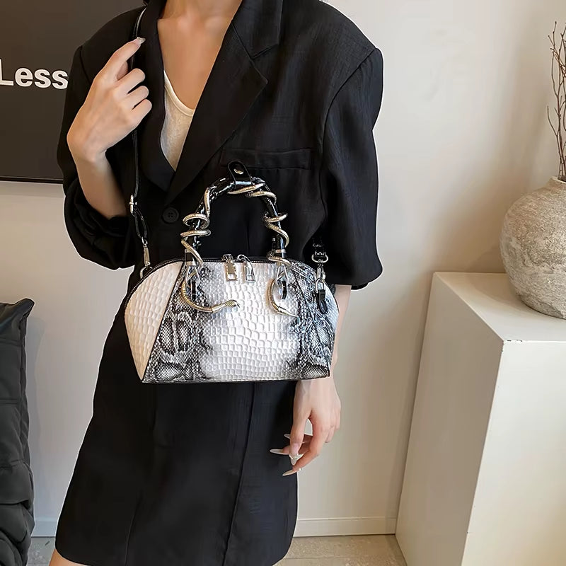 MOODS Designer Luxury Bags for Women Crocodile Pattern Top-Handle Shell Bag with Snake Hardware Wild Shoulder Crossbody Handbags