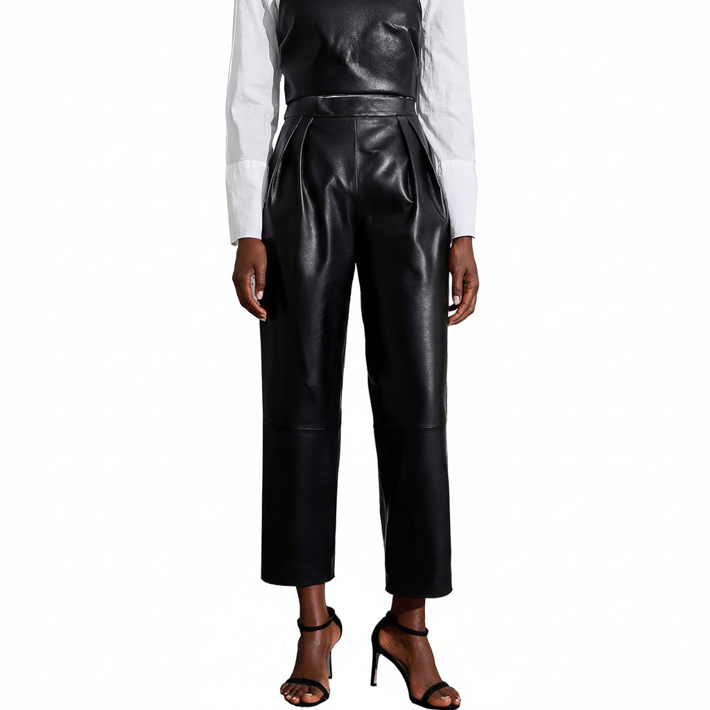 Women'S Genuine Leather Pants High Waist Casual Straight Leg Pants Black Smartuniversewear