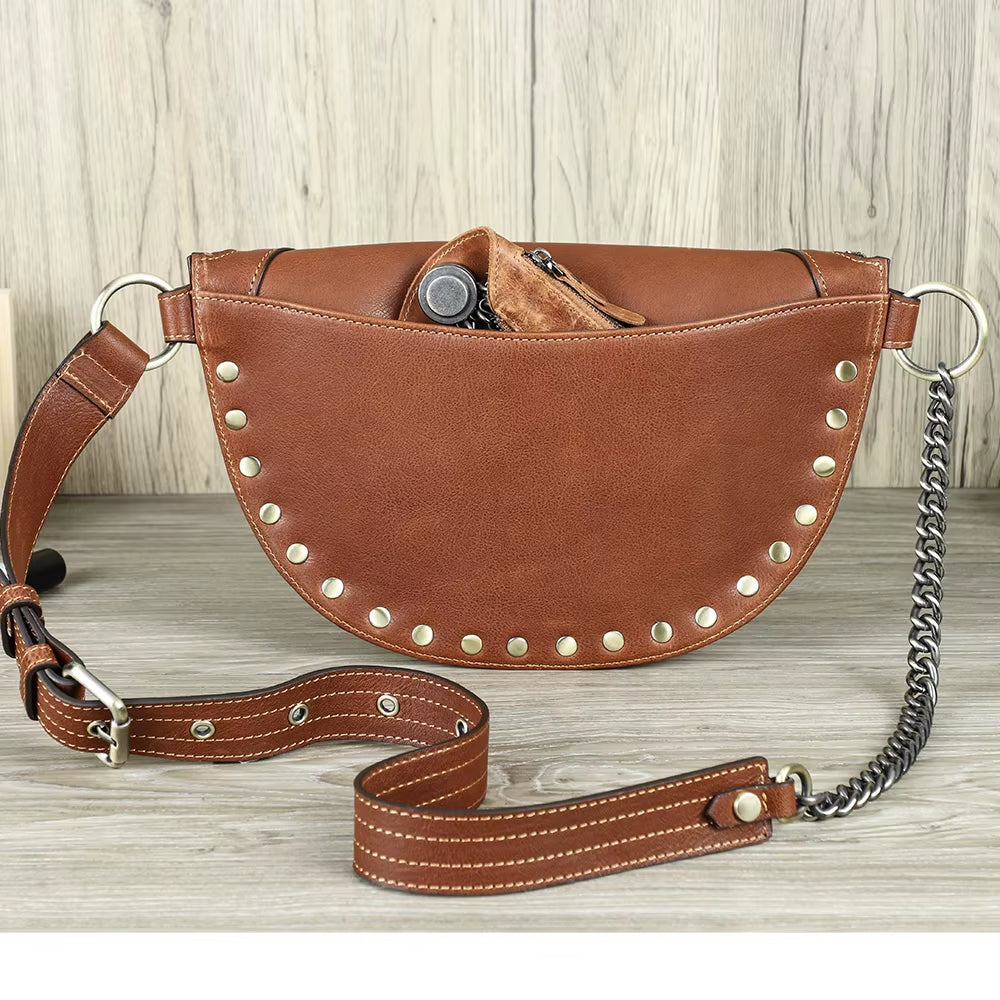 Contact'S Wholesale Fashion Womens Leather Chest Waist Bag Crossbody Fanny Pack for Women Ladies Stud Genuine Leather Belt Bag