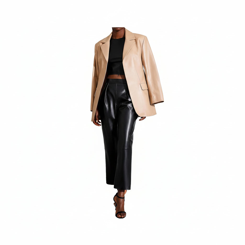 Women'S Genuine Leather Pants High Waist Casual Straight Leg Pants Black Smartuniversewear